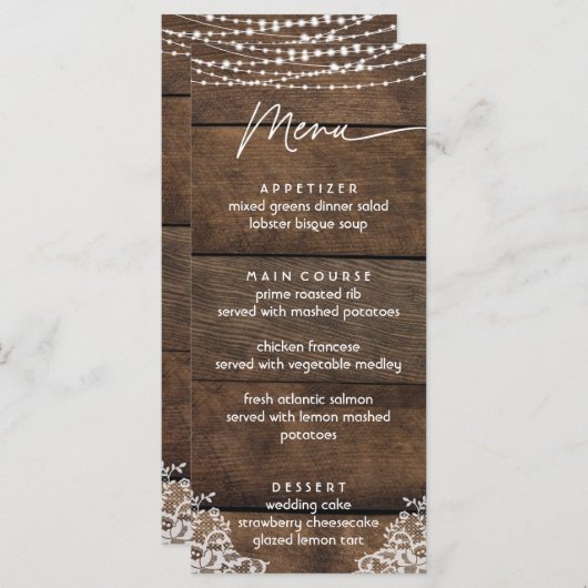 Menu plat Mariage campagnard en bois rustique et d (Devant / Derrière)