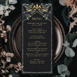 Menu Plat Mariage Corbeau gothique enchanté<br><div class="desc">Design mariage élégant et gothique avec des corbeaux et des feuillages. Ce design est composé d'un arrière - plan noir,  de corbeaux bleu foncé et de feuilles verts muets aux accents dorés. Objets correspondants dans notre boutique pour un thème de fête complet.</div>