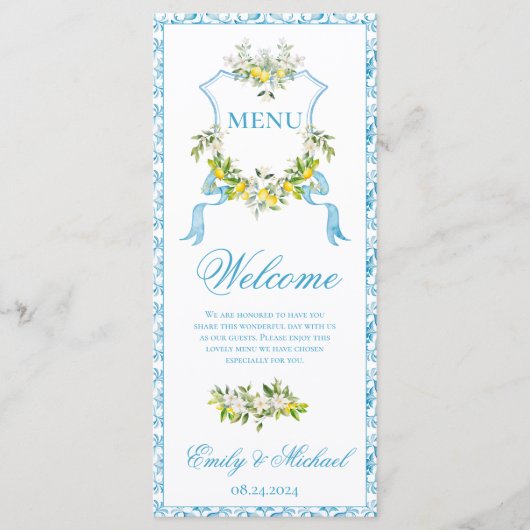 Menu Plat Mariage Crest de style méditerranéen (Devant)