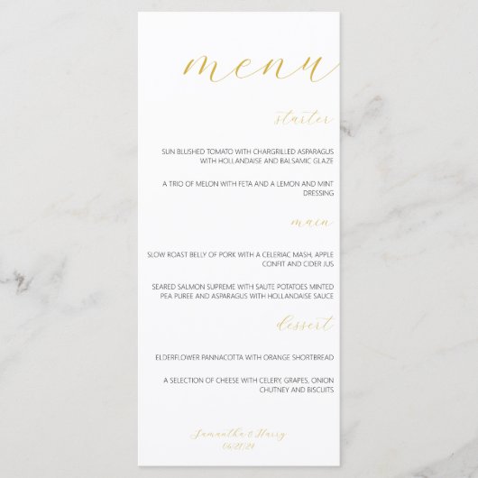 Menu plat Mariage de script or moderne et minimali (Devant)
