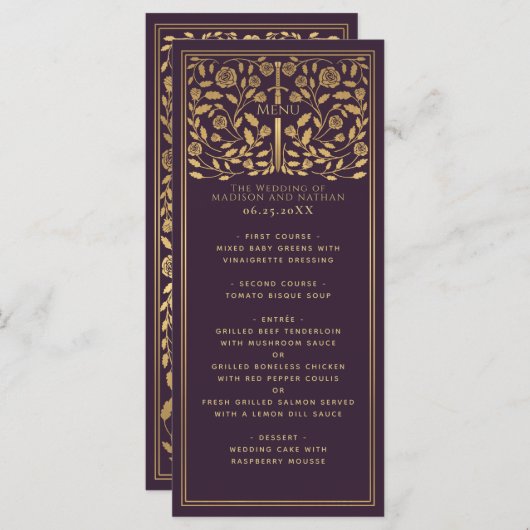 Menu Plat Mariage Eggplant Royal Medieval (Devant / Derrière)