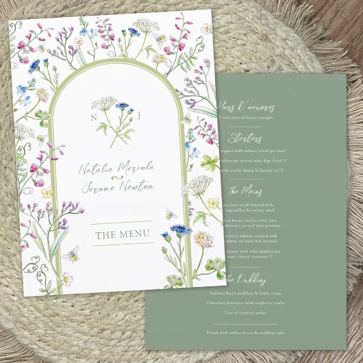 Menu plat mariage fleur sauvage aquarelle verte