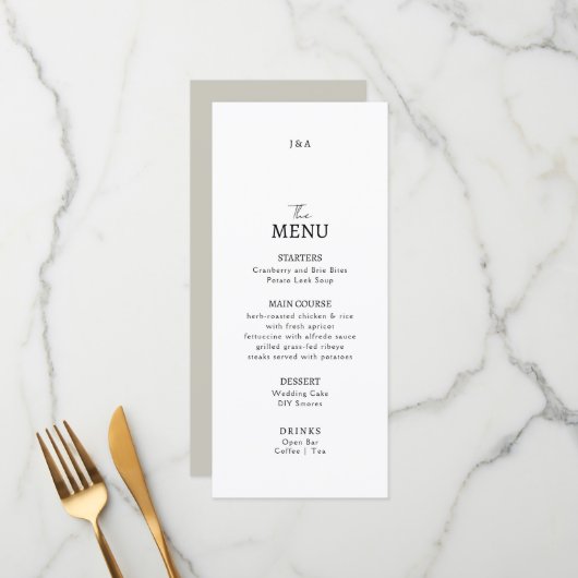 Menu plat mariage minimaliste moderne. (Devant/Arrière en situation)