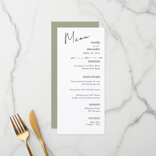 Menu plat mariage minimaliste moderne. (Devant/Arrière en situation)