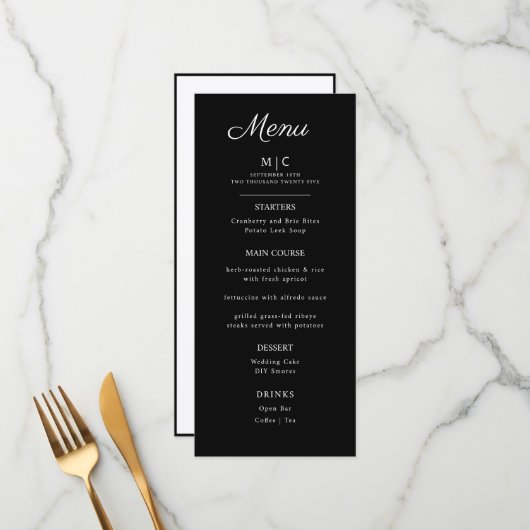 Menu plat mariage minimaliste moderne. (Devant/Arrière en situation)