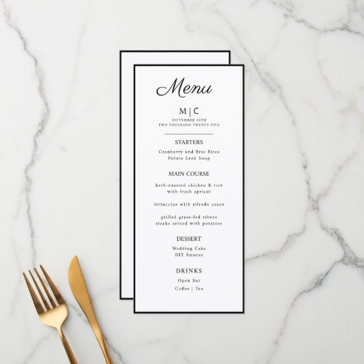 Menu plat mariage minimaliste moderne. (Devant/Arrière en situation)