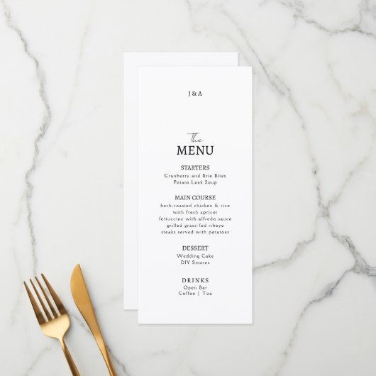 Menu plat mariage minimaliste moderne. (Devant/Arrière en situation)