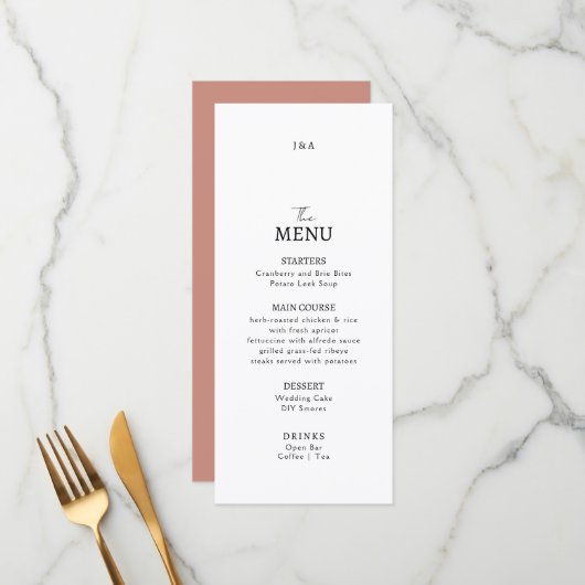 Menu plat mariage minimaliste moderne. (Devant/Arrière en situation)