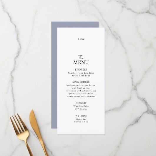 Menu plat mariage minimaliste moderne. (Devant/Arrière en situation)