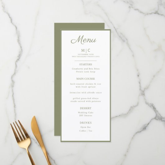 Menu plat mariage minimaliste moderne. (Devant/Arrière en situation)