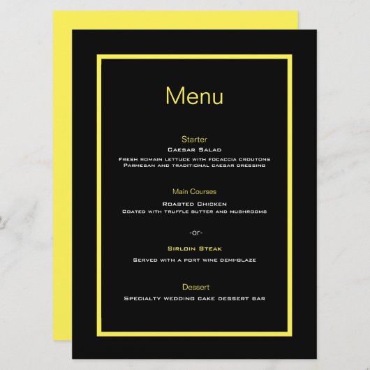 Menu plat mariage noir et jaune (Devant / Derrière)