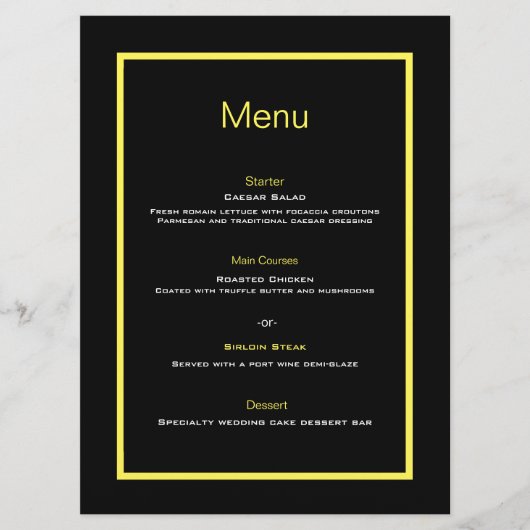 Menu plat mariage noir et jaune (Devant)
