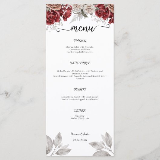 Menu Plat Mariage Romantique Bourgogne (Devant)