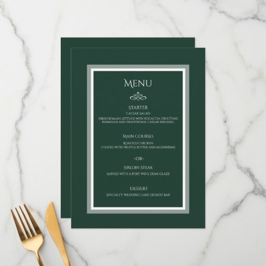 Menu plat mariage vert émeraude (Devant/Arrière en situation)