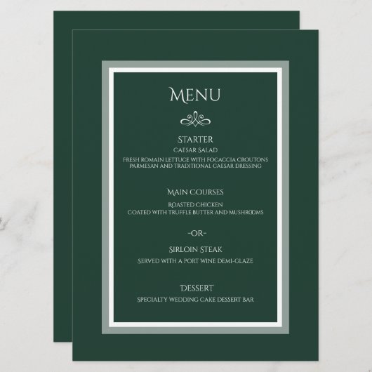 Menu plat mariage vert émeraude (Devant / Derrière)