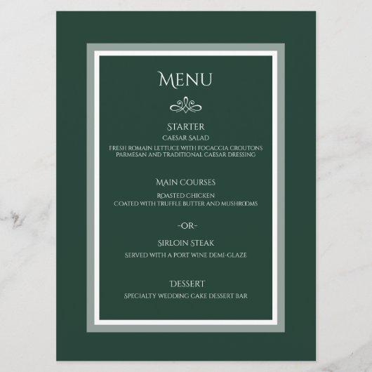 Menu plat mariage vert émeraude (Devant)