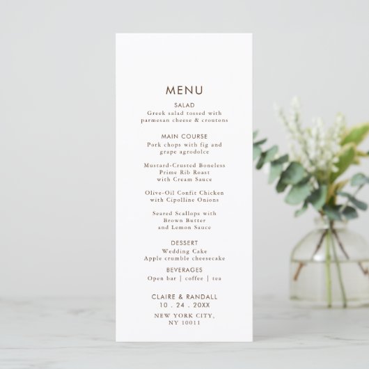 Menu plat minimaliste Mariage brun simple (Debout devant)
