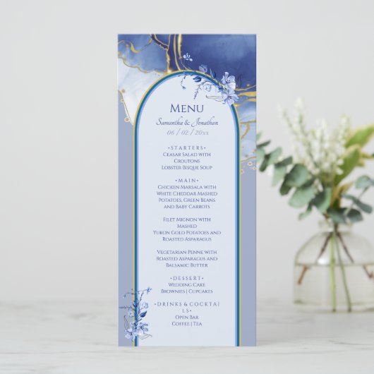 Menu plat moderne en marbre bleu Mariage (Debout devant)