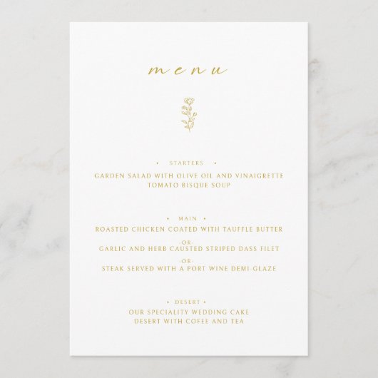 Menu Plat pour le dîner Mariage blanc et or à feui (Devant)