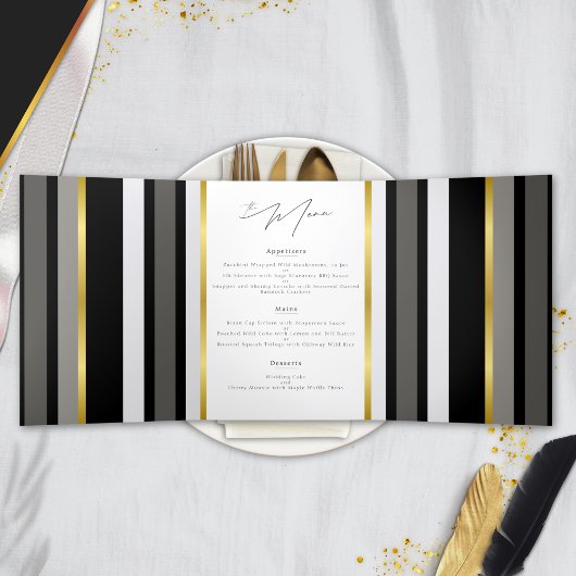 Menu Plié Mariage Élégant Rayure Noir Gris Or