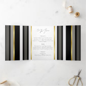 Menu Plié Mariage Élégant Rayure Noir Gris Or (Intérieur)