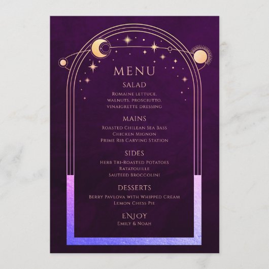 Menu Plum arc-en-ciel mystique Sun Moon Stars Mariage (Devant)