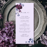 Menu Plum violet & Indigo Bleu Élégant Mariage floral<br><div class="desc">Ce menu mariage est composé d'un bouquet d'aquarelle de pivoines prune violette et de fleurs bleu indigo avec une calligraphie élégante sur un arrière - plan lavande. Pour une personnalisation plus avancée de cette conception,  cliquez sur le BOUTON OUTIL DESIGN. Des articles correspondants sont également disponibles.</div>