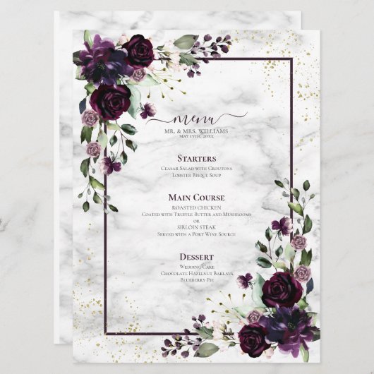 Menu Plum violet or Aquarelle marbre Mariage (Devant / Derrière)