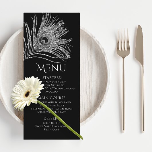 Menu Plume de Paon Chic Pailleté Argent Bat Mitzvah