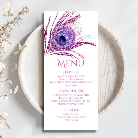 Menu Plume de Paon Chic Pailleté Rose Bar Mitzvah