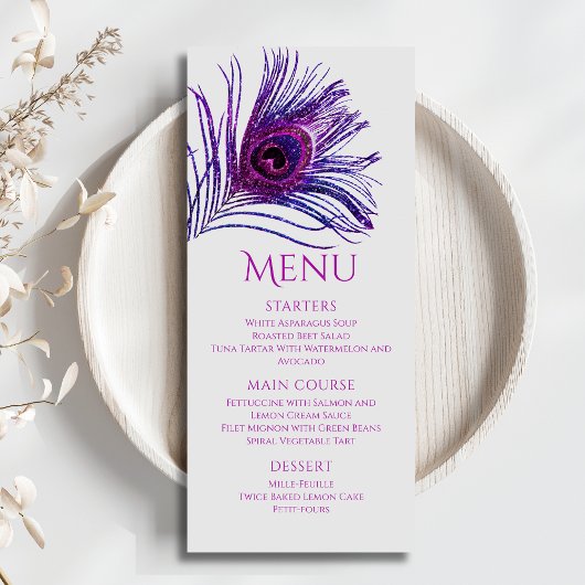 Menu Plume de Paon Chic Pailleté Violet Bat Mitzvah