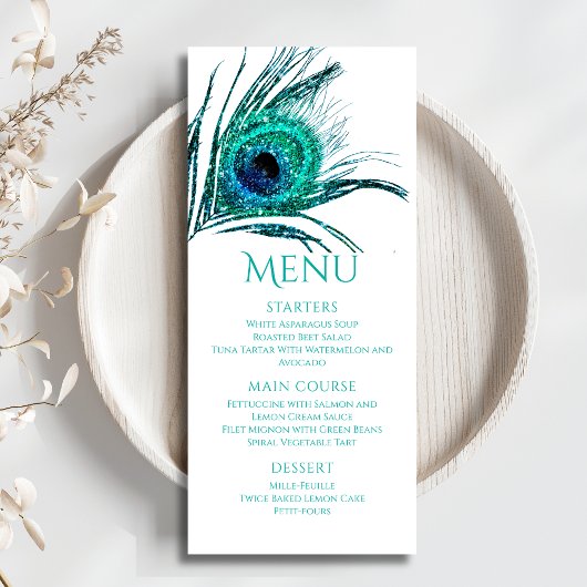 Menu Plume de Paon Chic Paillettes Turquoise Bar Mitzva