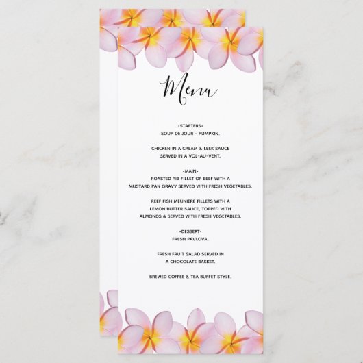 Menu Plumeria rose Frangipani Mariage (Devant / Derrière)