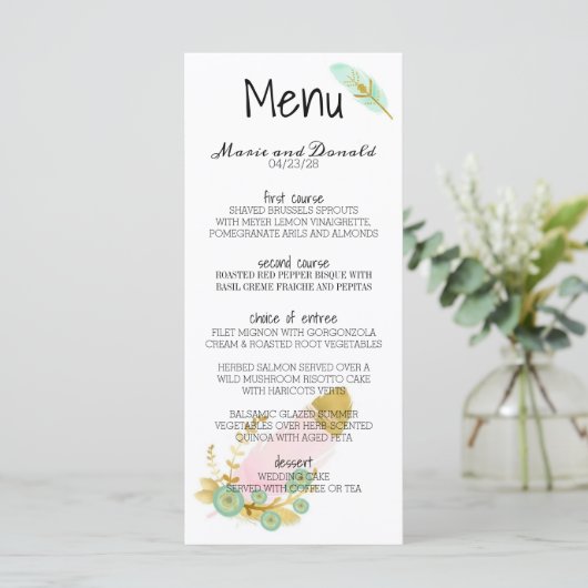 Menu Plumes Boho rose et or (Debout devant)