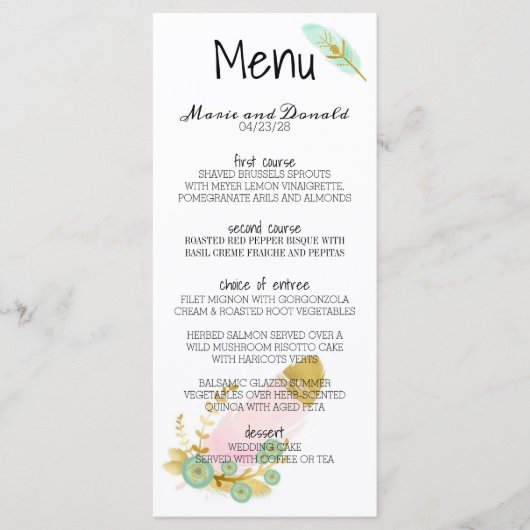 Menu Plumes Boho rose et or (Devant)