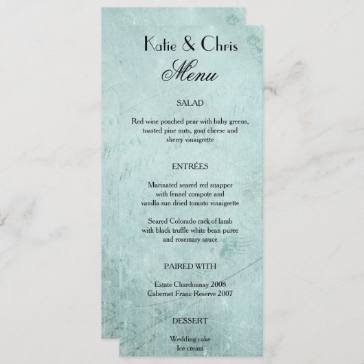 Menu Police de script noir sur papier vert menthe Vinta (Devant / Derrière)