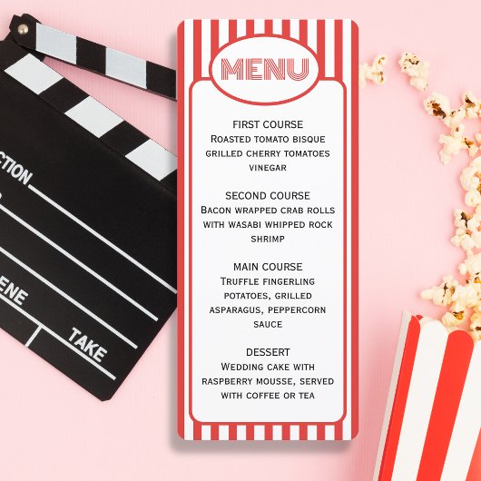 Menu Popcorn Red and White Stried Movie Party