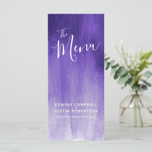 Menu Porte-menu de mariage en art gradué moderne violet (Debout devant)