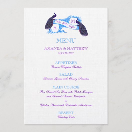 Menu pourpre et bleu de mariage de paon (Devant)