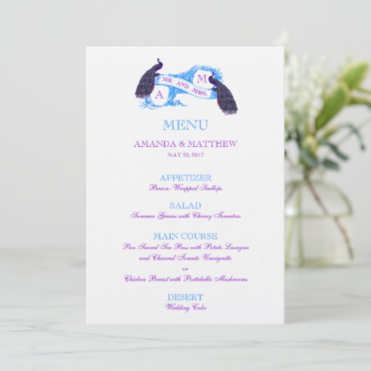 Menu pourpre et bleu de mariage de paon (Debout devant)
