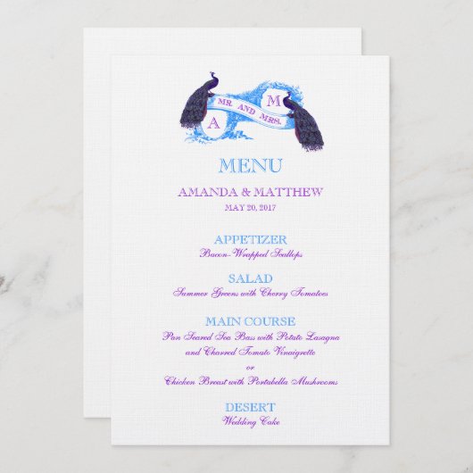 Menu pourpre et bleu de mariage de paon (Devant / Derrière)