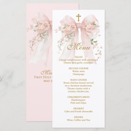 Menu Premier Communion au Ruban Floral - Coquette (Devant / Derrière)