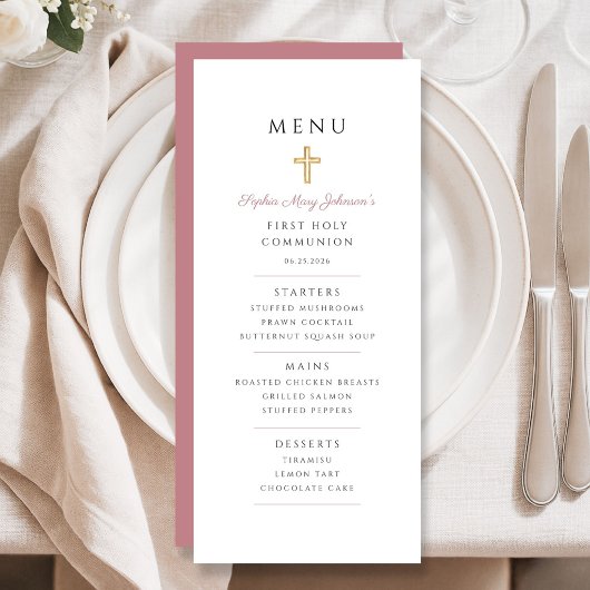 Menu Première communion de fille au script rose