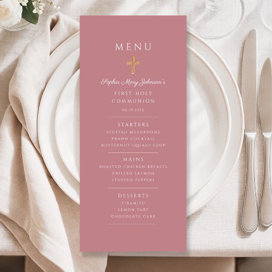 Menu Première communion d'une fille élégante rose