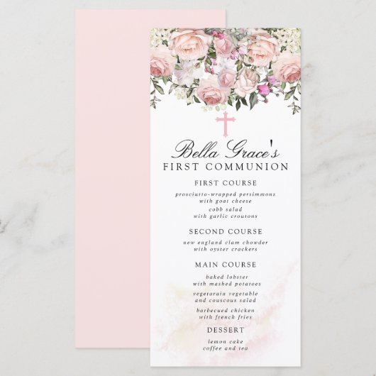Menu Première communion florale rose (Devant / Derrière)