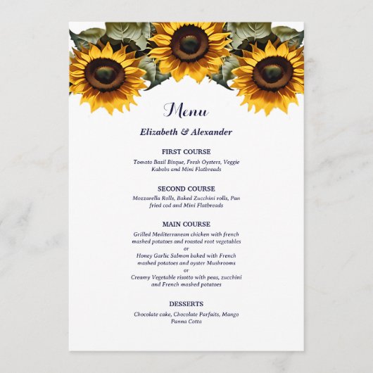 Menu Pretty Yellow sunflowers wedding (Devant)