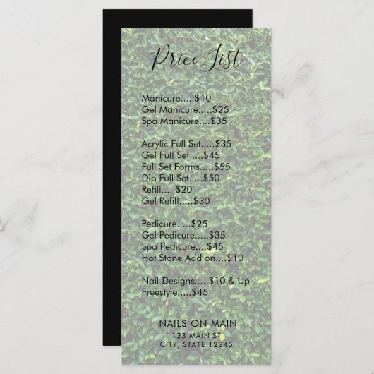 Menu Prijslijst natuur grass Nail (Voorkant / Achterkant)