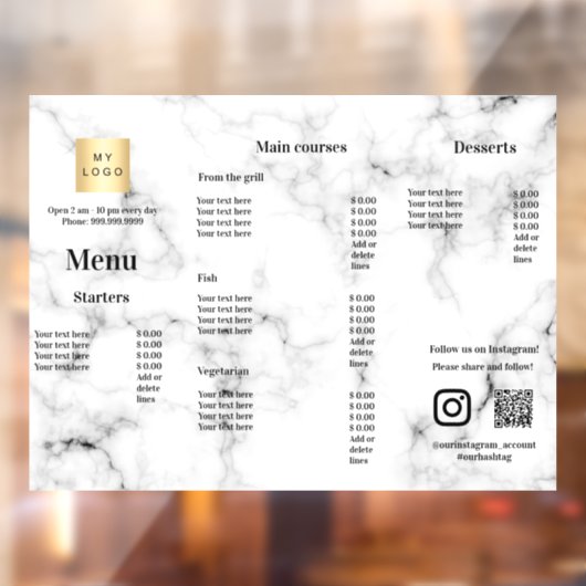 Menu-prijslijst restaurant café marmer raamsticker (Vel 2)