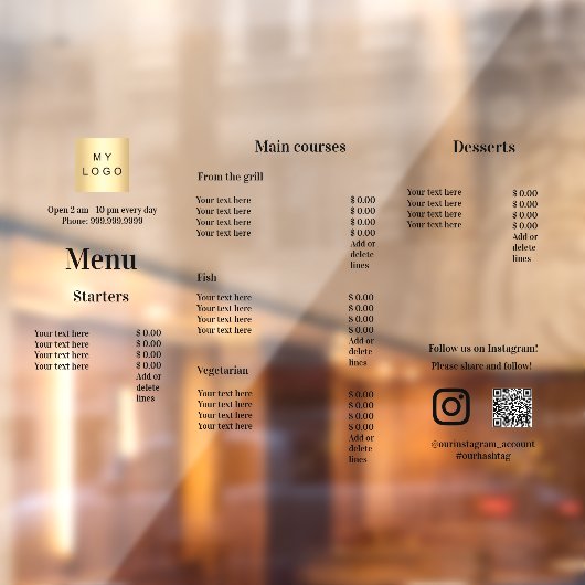 Menu-prijslijst restaurant café raamsticker (Vel 2)