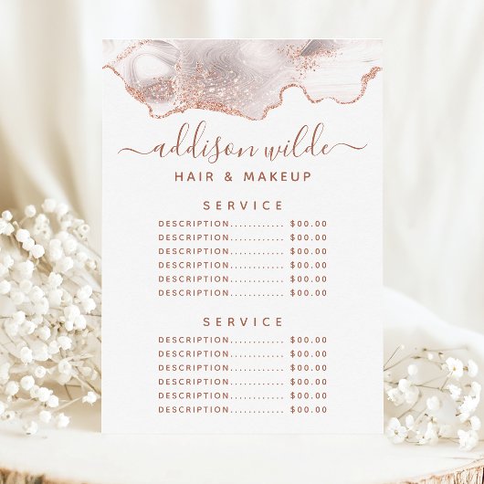 Menu Prix de service en marbre blanc agate or rose chic